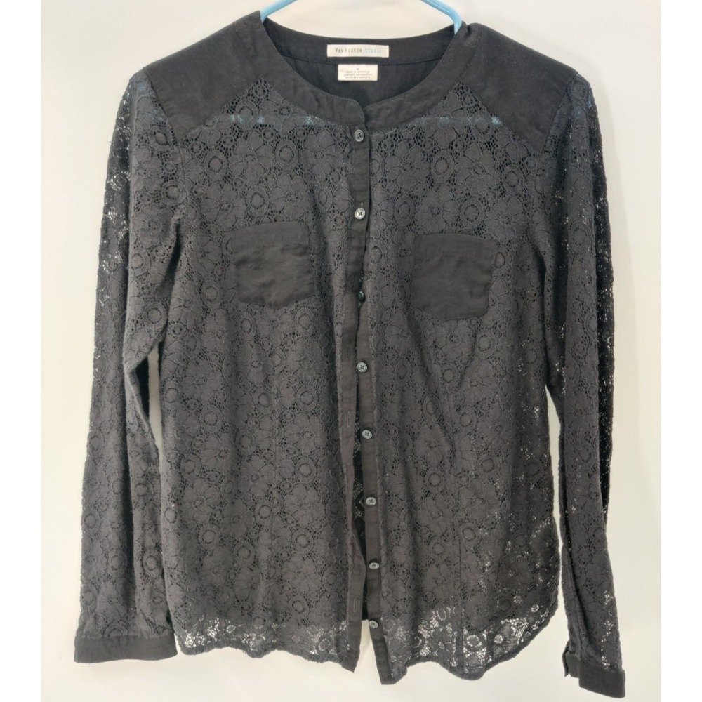 Van Heusen Studio Womens Black Floral Lace Button Down Blouse Long Sleeve Medium